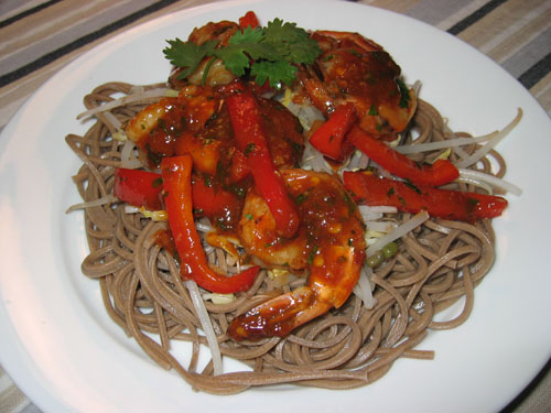 Szechuan Prawns on Soba Noodles