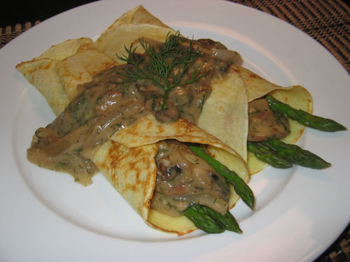Asparagus Crepes with Mushroom Dill Sauce