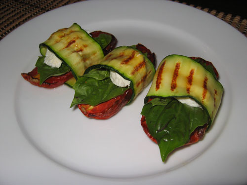 Grilled Zucchini Wraps with Oven Roasted Tomatoes and Goats Cheese