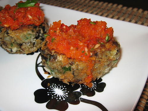 Eggplant Croquettes with Roasted Red Pepper Sauce