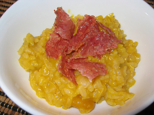 Kabocha Risotto with Fried Salami Kabocha Risotto with Fried Salami