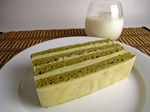 Green Tea and White Chocolate Opera Cake, Large Slice Green Tea and White Chocolate Opera Cake, Large Slice