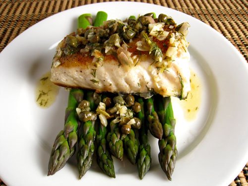 Halibut with a Lemon Dill Caper Sauce on Asparagus Halibut with a Lemon Dill Caper Sauce on Asparagus