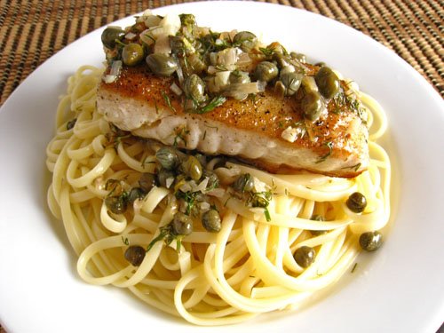 Halibut with a Lemon Dill Caper Sauce on Fettuccine