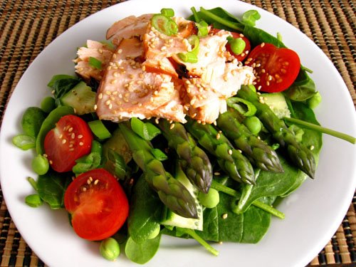 Teriyaki Salmon and Asparagus, Spinach Salad