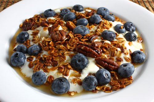 Blueberry and Maple Pecan Granola Parfait on Plate Blueberry and Maple Pecan Granola Parfait on Plate