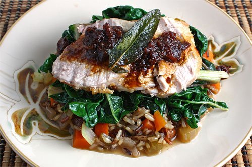 Roasted Pork Tenderloin with Apple Gravy on Greens and Apple Wild Rice