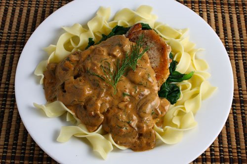 Pork Chops with Mushrooms, Dill, and Sour Cream Sauce