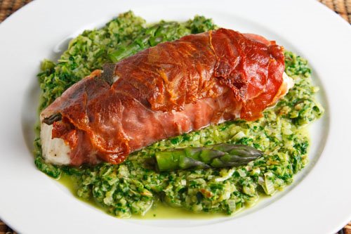 Prosciutto Wrapped Halibut on Asparagus Sauce
