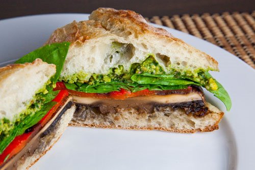 Grilled Portobello and Roasted Red Pepper Sandwich with Pistachio Pesto