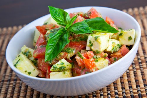 Diced Caprese Salad with a Pesto Dressing Diced Caprese Salad with a Pesto Dressing