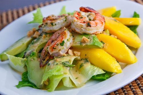 Mango, Avocado and Grilled Shrimp Salad with a Peanut Dressing Mango, Avocado and Grilled Shrimp Salad with a Peanut Dressing