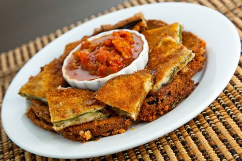 Fried Eggplant and Mozzarella with a Roasted Marinara Dipping Sauce
