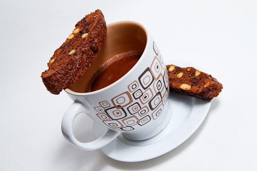 Chocolate and Pistachio Biscotti with Hot Chocolate Chocolate and Pistachio Biscotti with Hot Chocolate