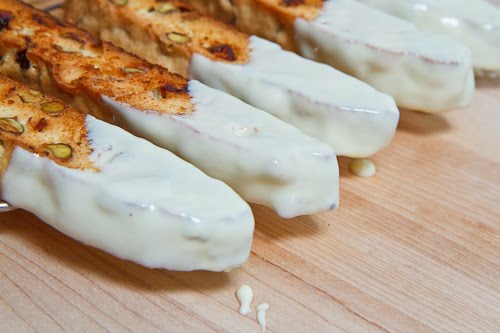 Cranberry and Pistachio Biscotti Dipped in White Chocolate