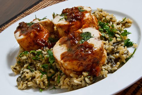 Spinach and Feta Stuffed Chicken with Pan Sauce on Spanakorizo (Greek Spinach Rice)