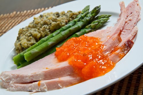 Apricot Glazed Ham with Asparagus and Pesto Mashed Potatoes