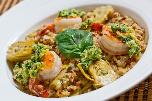 Baby Artichoke Heart Quinoa Risotto with Shrimp and Meyer Lemon Pesto