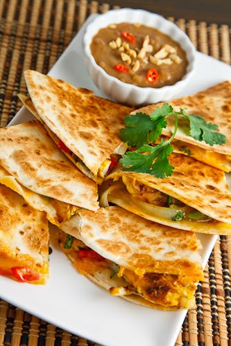 Chicken Satay Quesadillas with Spicy Peanut Dipping Sauce
