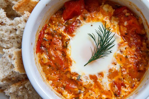Tomato and Feta Baked Eggs with Crusty Bread