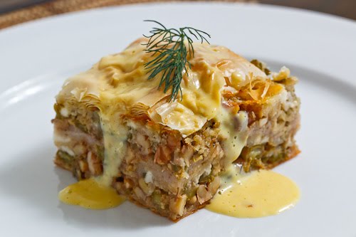 Asparagus Phyllo Pie (Baklava) with Avgolemono Sauce