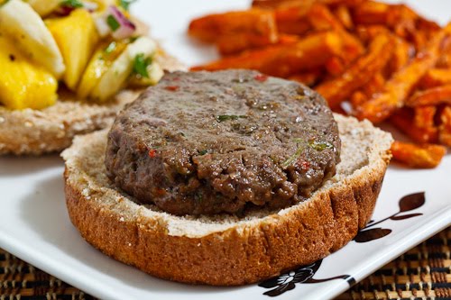 Jamaican Jerk Burgers with Pineapple and Banana Relish and Sweet Potato Fries