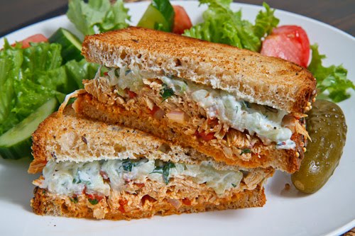 Souvlaki Chicken Salad Sandwich with Roasted Red Peppers and Feta