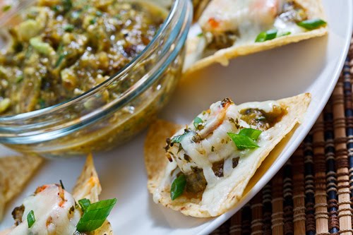Shrimp Nachos with Avocado Roasted Tomatillo Salsa