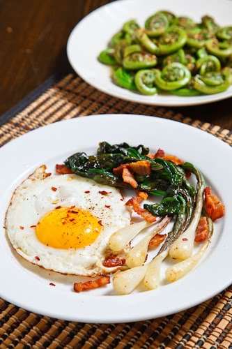 Fried Eggs, Sauteed Ramps and Bacon with a side of Fiddleheads in a Honey Dijon Dressing Fried Eggs, Sauteed Ramps and Bacon with a side of Fiddleheads in a Honey Dijon Dressing
