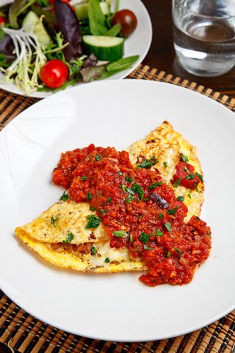 Italian Sausage and Roasted Red Pepper Omelette Topped with Marinara Sauce