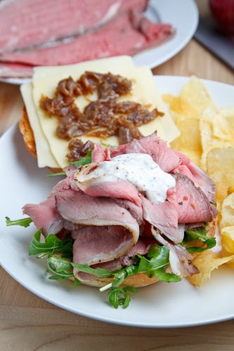 Roast Beef Sandwich with Caramelized Onions and Grainy Mustard, Horseradish Mayo Roast Beef Sandwich with Caramelized Onions and Grainy Mustard, Horseradish Mayo