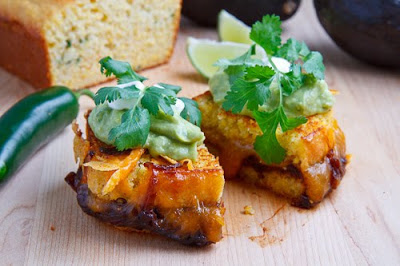 Jalapeno Cornbread Grilled Cheese with Refried Black Beans and Guacamole Jalapeno Cornbread Grilled Cheese with Refried Black Beans and Guacamole