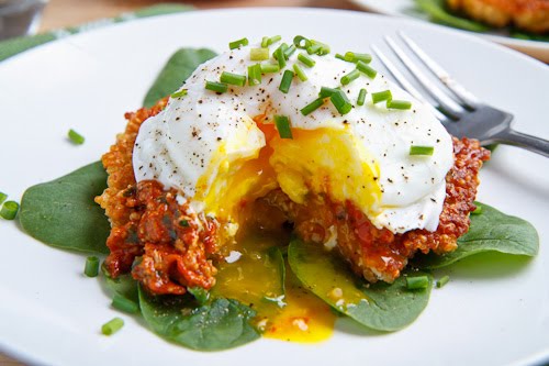 Quinoa Cakes with Roasted Red Pepper and Walnut Pesto, Goat Cheese and a Poached Egg Quinoa Cakes with Roasted Red Pepper and Walnut Pesto, Goat Cheese and a Poached Egg