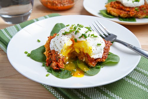 Quinoa Cakes with Roasted Red Pepper and Walnut Pesto, Goat Cheese and a Poached Egg Quinoa Cakes with Roasted Red Pepper and Walnut Pesto, Goat Cheese and a Poached Egg