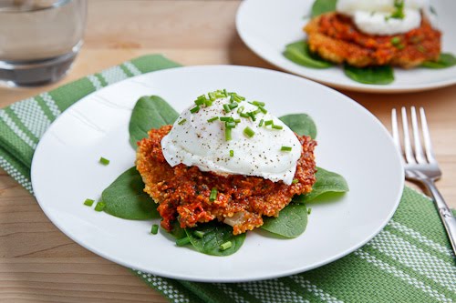 Quinoa Cakes with Roasted Red Pepper and Walnut Pesto, Goat Cheese and a Poached Egg Quinoa Cakes with Roasted Red Pepper and Walnut Pesto, Goat Cheese and a Poached Egg