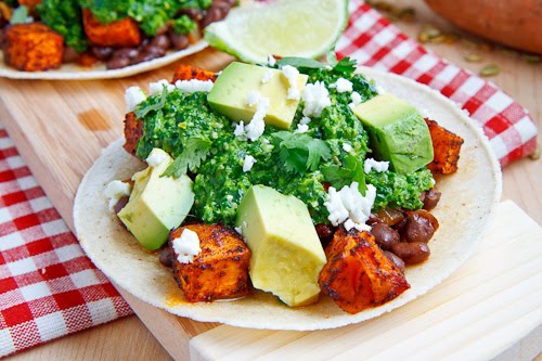 Sweet Potato and Black Bean Tacos with Swiss Chard Pesto