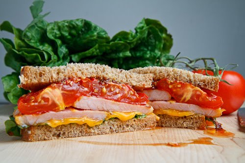 Peameal Bacon and Roasted Tomato Sandwich with Cheddar Cheese and Grainy Honey Mustard Peameal Bacon and Roasted Tomato Sandwich with Cheddar Cheese and Grainy Honey Mustard