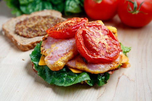 Peameal Bacon and Roasted Tomato Sandwich with Cheddar Cheese and Grainy Honey Mustard
