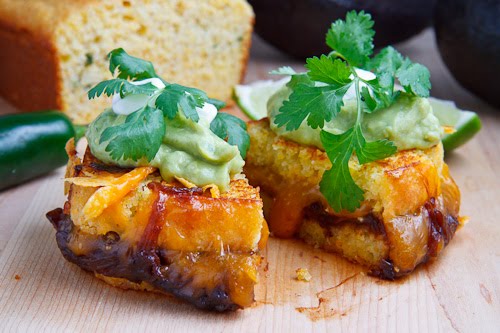 Jalapeno Cornbread Grilled Cheese with Chipotle Caramelized Onions, Refried Black Beans and Guacamole Jalapeno Cornbread Grilled Cheese with Chipotle Caramelized Onions, Refried Black Beans and Guacamole