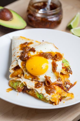 Bacon Jam and Guacamole Quesadilla with Fried Egg with Bacon Jam Vinaigrette Drizzle