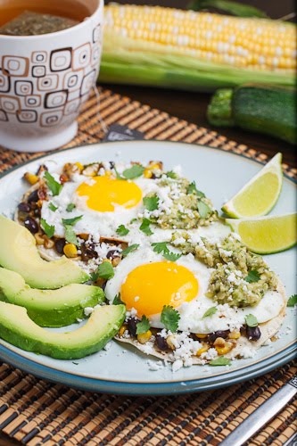 Caramelized Corn and Black Bean Huevos Rancheros with Roast Zucchini Salsa Caramelized Corn and Black Bean Huevos Rancheros with Roast Zucchini Salsa