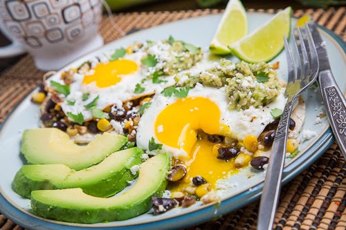 Caramelized Corn and Black Bean Huevos Rancheros with Roast Zucchini Salsa Caramelized Corn and Black Bean Huevos Rancheros with Roast Zucchini Salsa