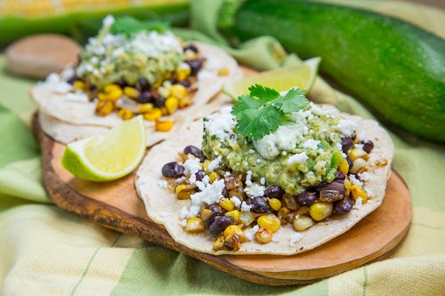 Caramelized Corn and Black Bean Tacos with Roast Zucchini Salsa and Roasted Poblano Crema Caramelized Corn and Black Bean Tacos with Roast Zucchini Salsa and Roasted Poblano Crema