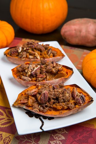 Twice Baked Sweet Potato Potato Skins with Pecan Streusel (aka Individual Sweet Potato Casserole) Twice Baked Sweet Potato Potato Skins with Pecan Streusel (aka Individual Sweet Potato Casserole)