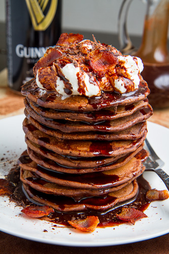 Bacon Guinness Chocolate Pancakes with a Frothy Whipped Cream Head and Guinness Chocolate Syrup Bacon Guinness Chocolate Pancakes with a Frothy Whipped Cream Head and Guinness Chocolate Syrup