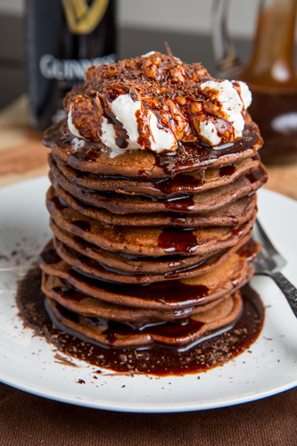 Bacon Guinness Chocolate Pancakes with a Frothy Whipped Cream Head, Guinness Chocolate Syrup Bacon Guinness Chocolate Pancakes with a Frothy Whipped Cream Head, Guinness Chocolate Syrup