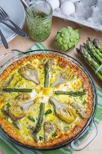 Asparagus, Baby Artichoke, Pesto and Goat Cheese Quiche with Quinoa Crust Asparagus, Baby Artichoke, Pesto and Goat Cheese Quiche with Quinoa Crust