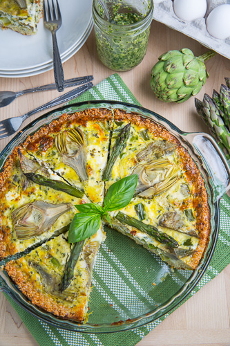 Asparagus, Baby Artichoke, Pesto and Goat Cheese Quiche with Quinoa Crust Asparagus, Baby Artichoke, Pesto and Goat Cheese Quiche with Quinoa Crust