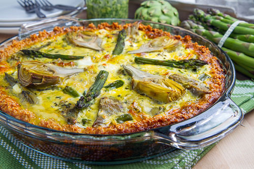 Asparagus, Baby Artichoke, Pesto and Goat Cheese Quiche with Quinoa Crust Asparagus, Baby Artichoke, Pesto and Goat Cheese Quiche with Quinoa Crust