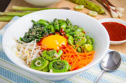 Spring Quinoa Bibimbap with Asparagus, Fiddleheads, Fava Bean and Ramps Spring Quinoa Bibimbap with Asparagus, Fiddleheads, Fava Bean and Ramps